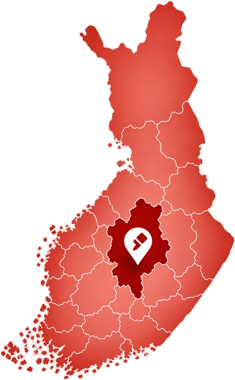 Suomen kartta, jossa Keski-Suomen maakunta on korostettu vihreällä